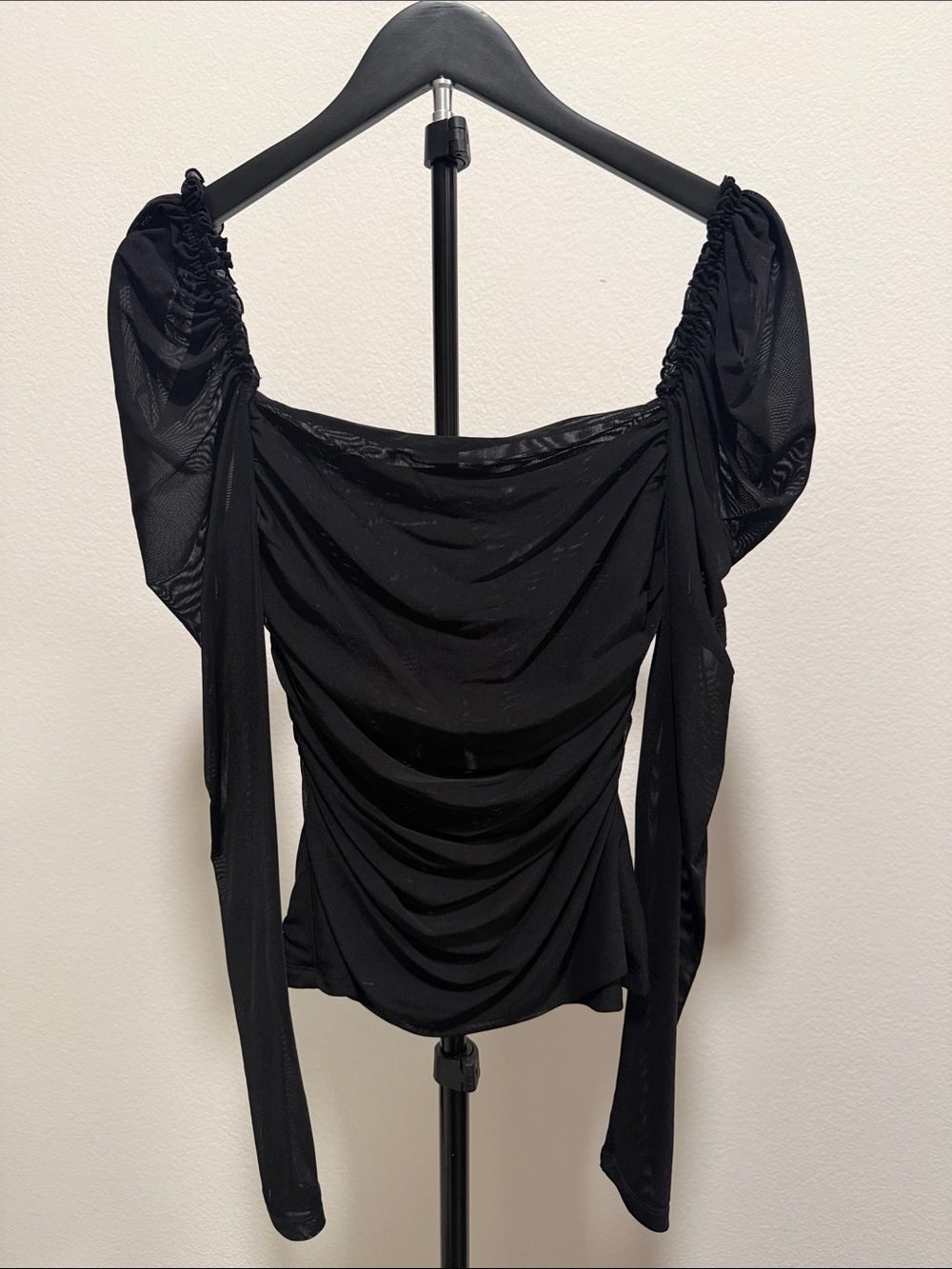 Black Ruched Off-Shoulder Long Sleeve Top